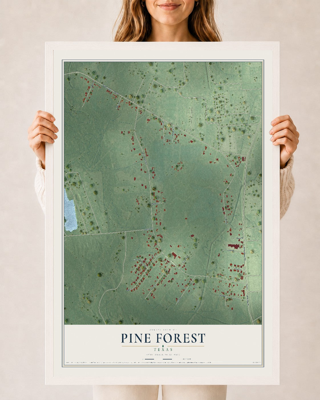 Map of Pine Forest, Texas, 24 x 36 inch print in a white wood frame