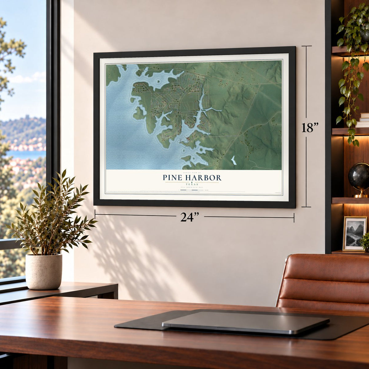 Pine Harbor, Texas map, 18 x 24 inch print in a black frame in a home office
