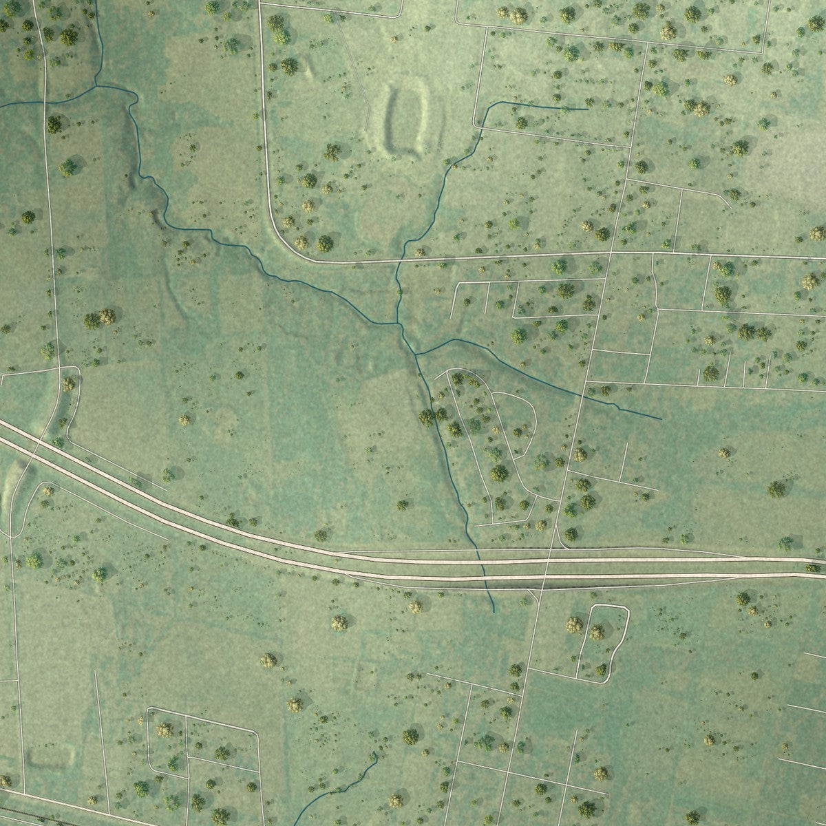 Close-up of the map of Pine Island, Texas print showing street and building detail
