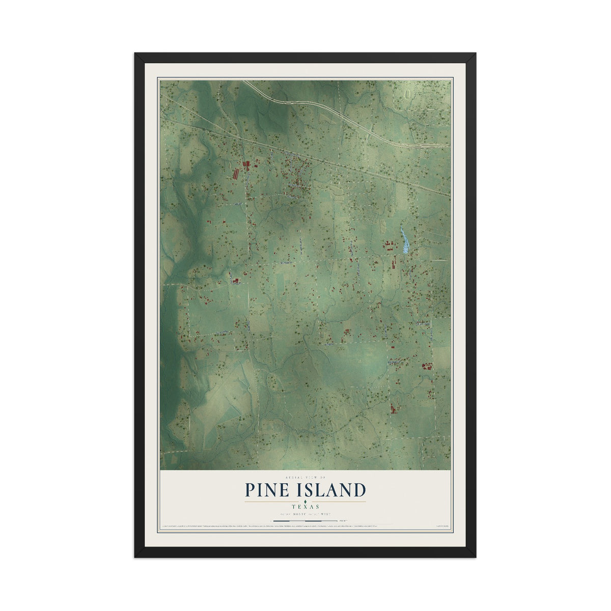 Map of Pine Island, Texas, 12 x 18 inch print in a black wood frame