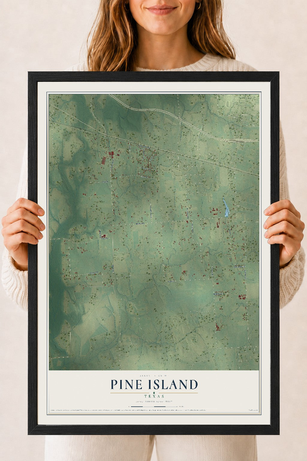 Map of Pine Island, Texas, 18 x 24 inch print in a black wood frame