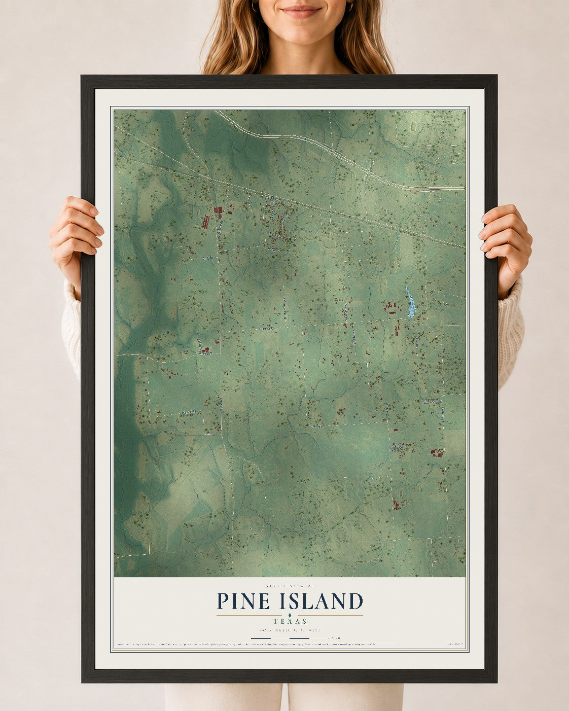 Map of Pine Island, Texas, 24 x 36 inch print in a black wood frame