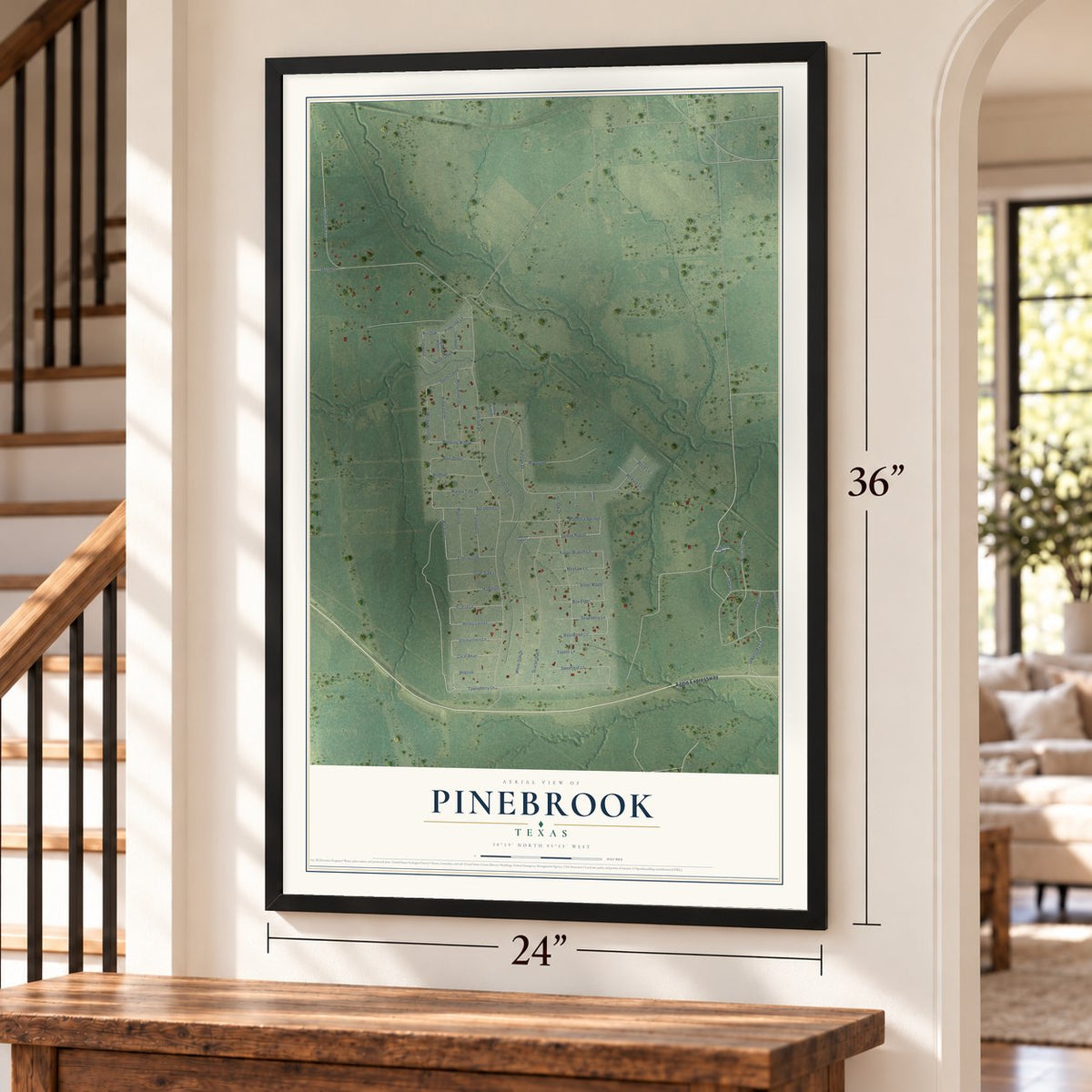 Pinebrook, Texas map, 24 x 36 inch print in a black frame by a staircase