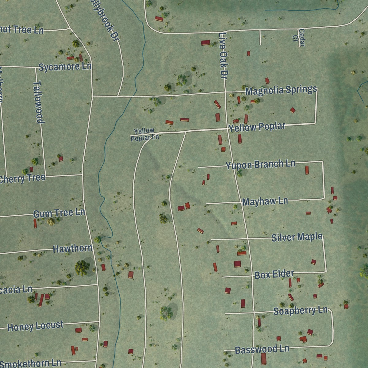Close-up of the map of Pinebrook, Texas print showing street and building detail