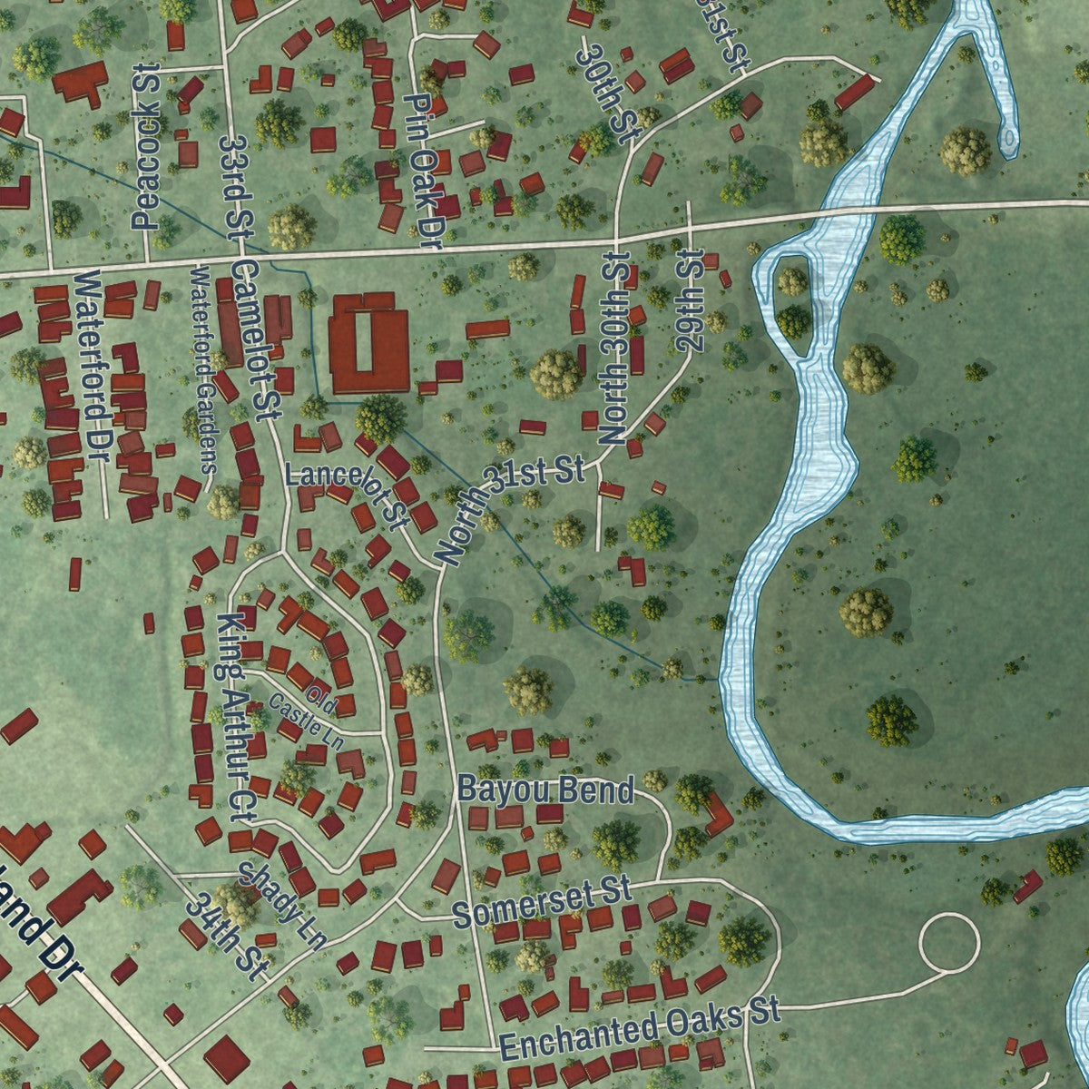 Close-up of the map of Pinehurst, Texas print showing street and building detail