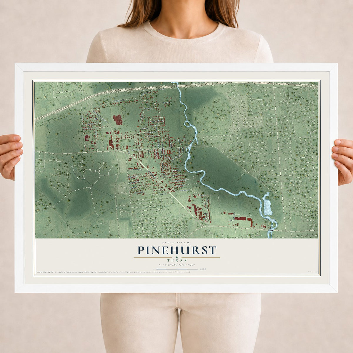 Map of Pinehurst, Texas, 18 x 24 inch print in a white wood frame