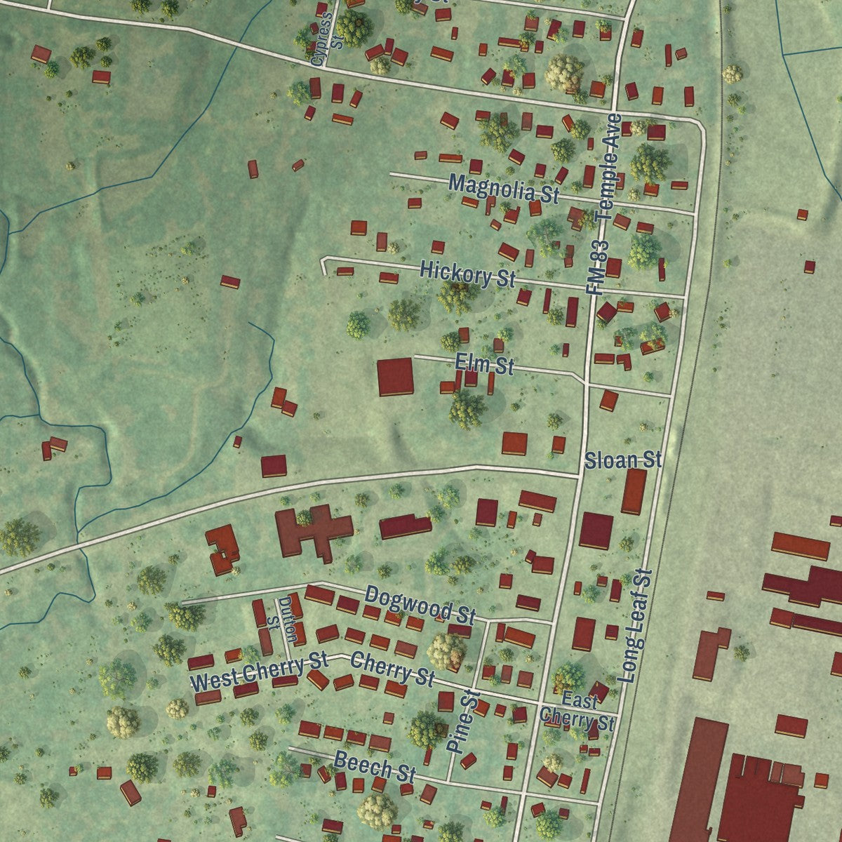 Close-up of the map of Pineland, Texas print showing street and building detail