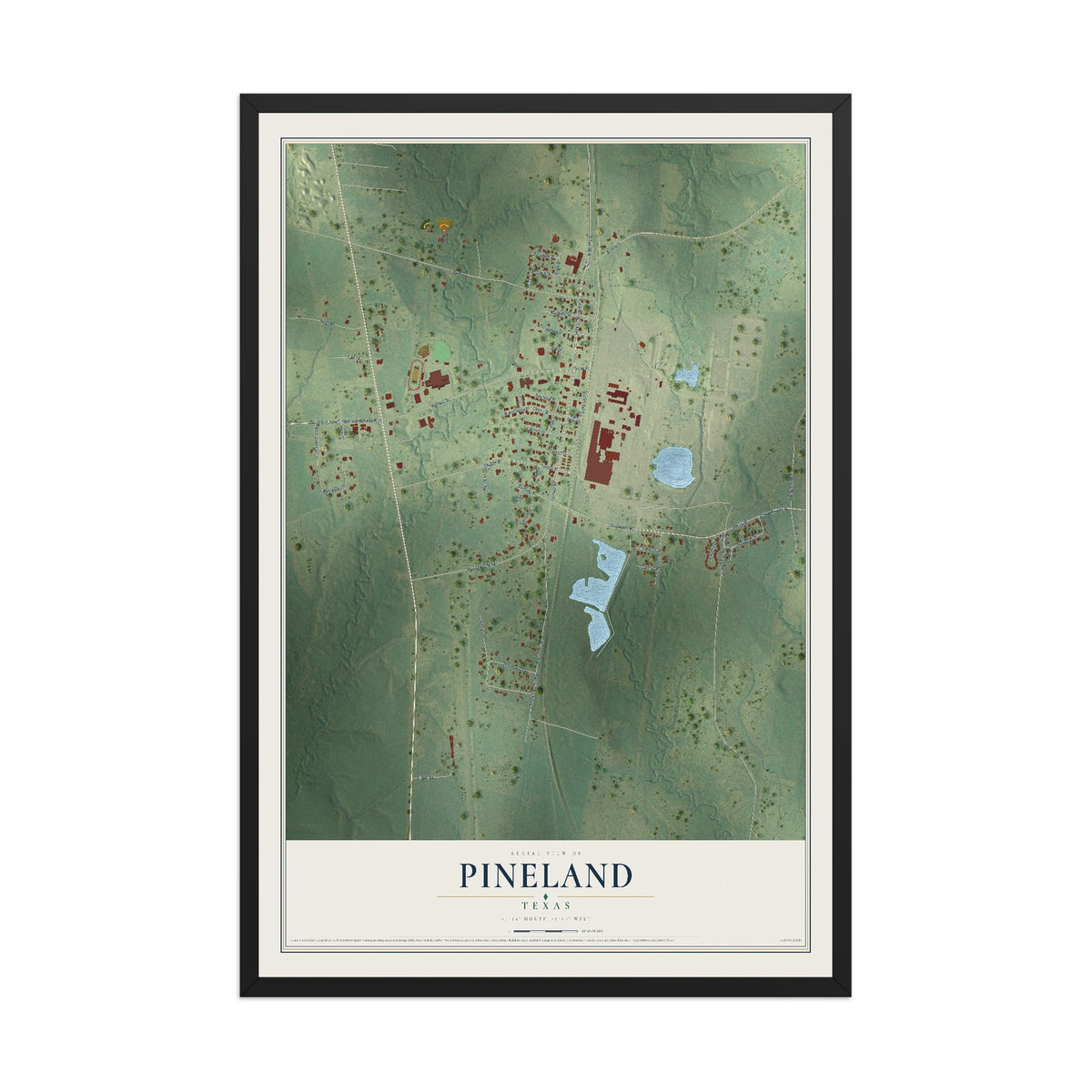Map of Pineland, Texas, 12 x 18 inch print in a black wood frame