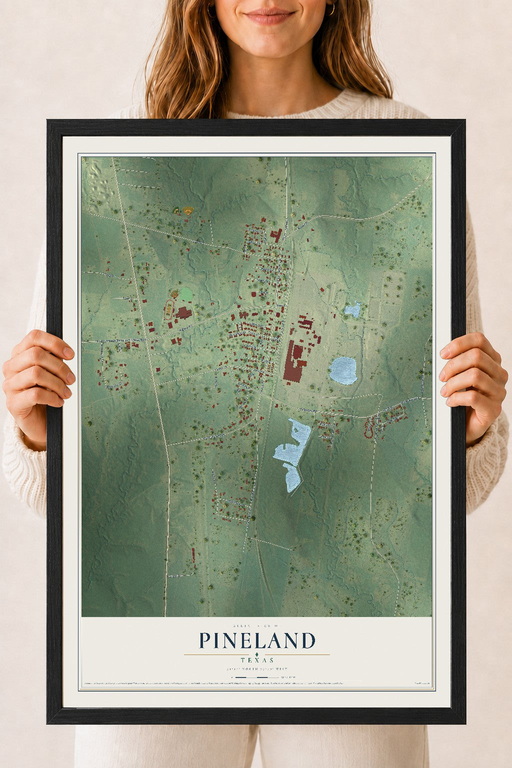 Map of Pineland, Texas, 18 x 24 inch print in a black wood frame