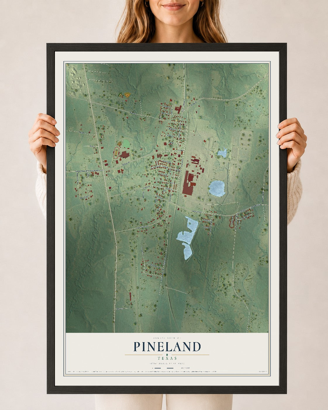 Map of Pineland, Texas, 24 x 36 inch print in a black wood frame