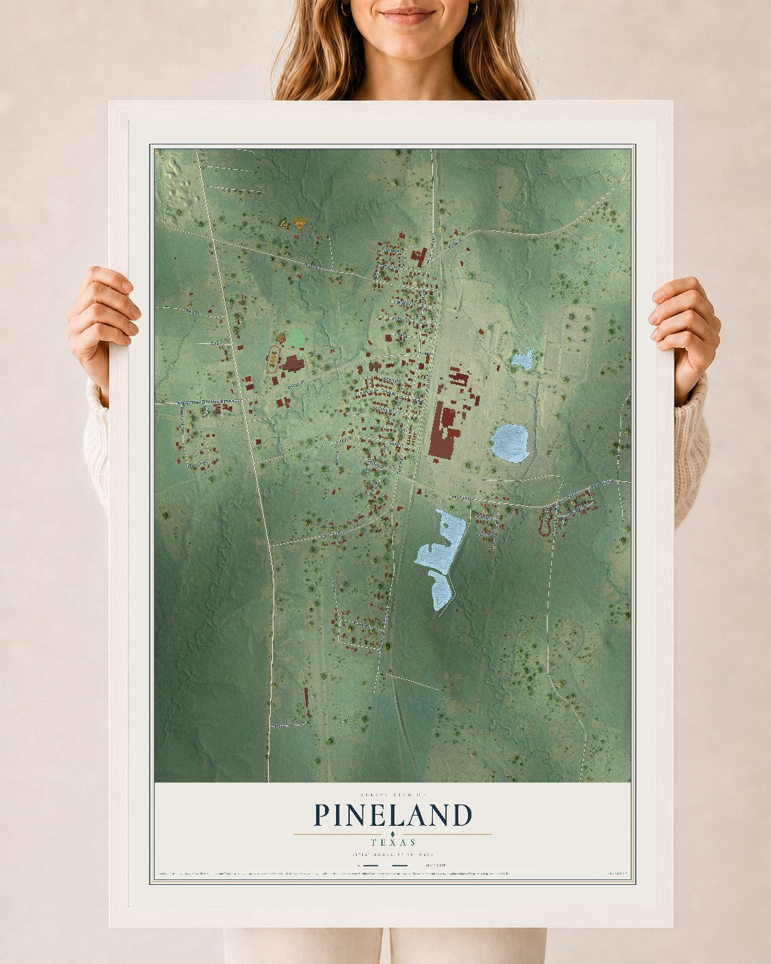 Map of Pineland, Texas, 24 x 36 inch print in a white wood frame