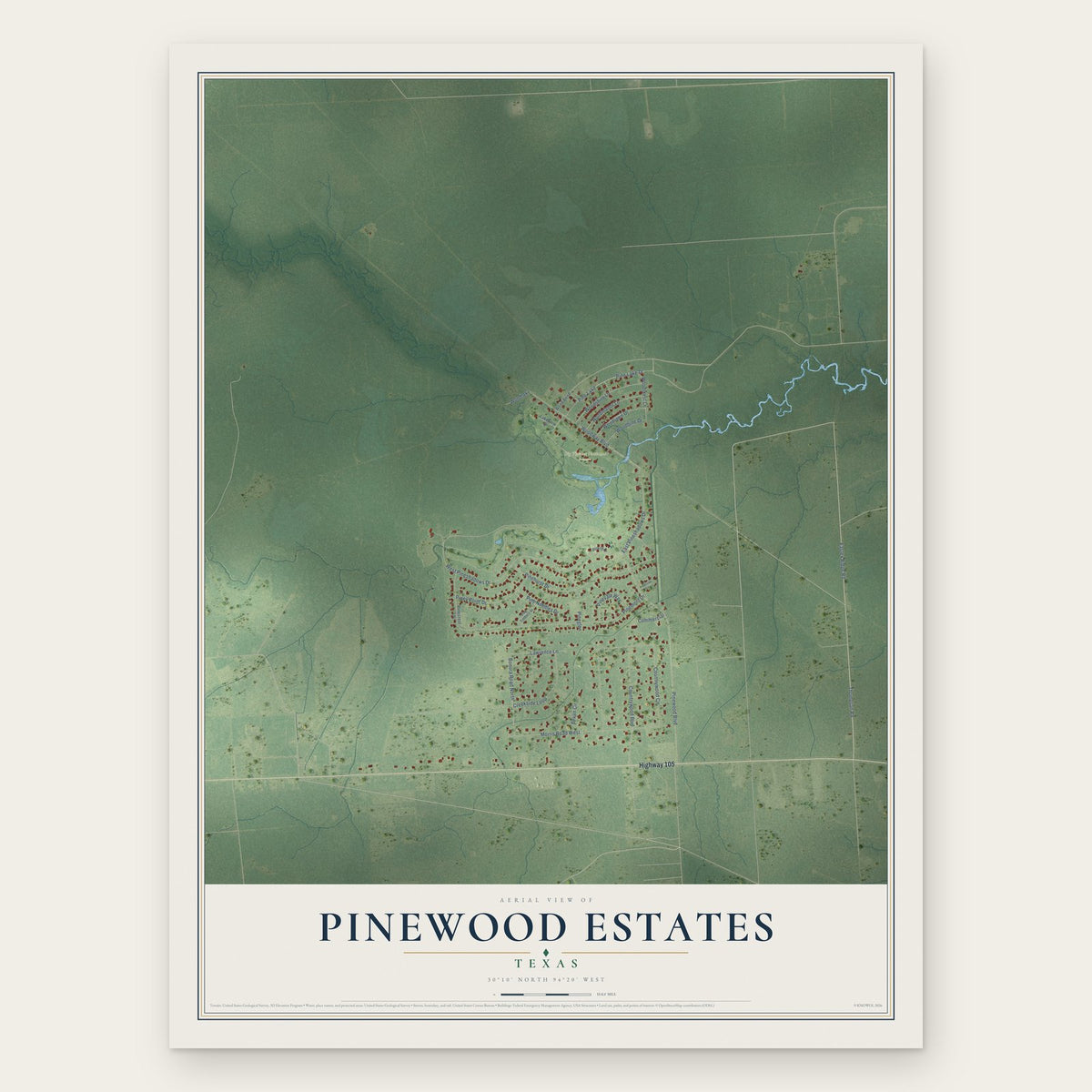 Pinewood Estates, Texas map print, the full design