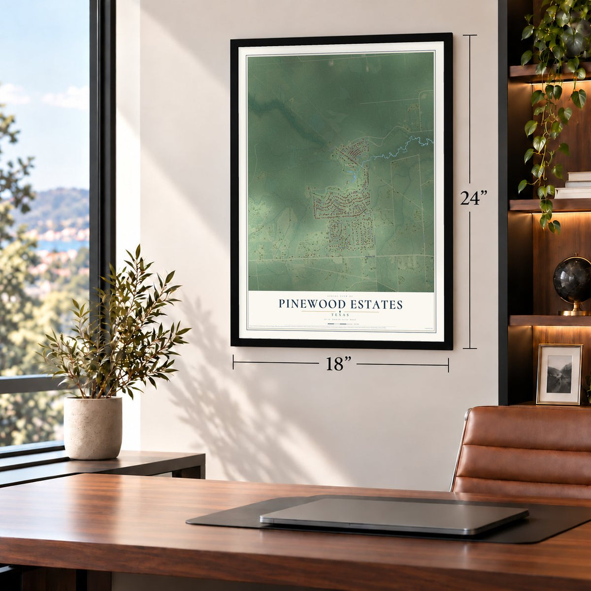 Pinewood Estates, Texas map, 18 x 24 inch print in a black frame in a home office