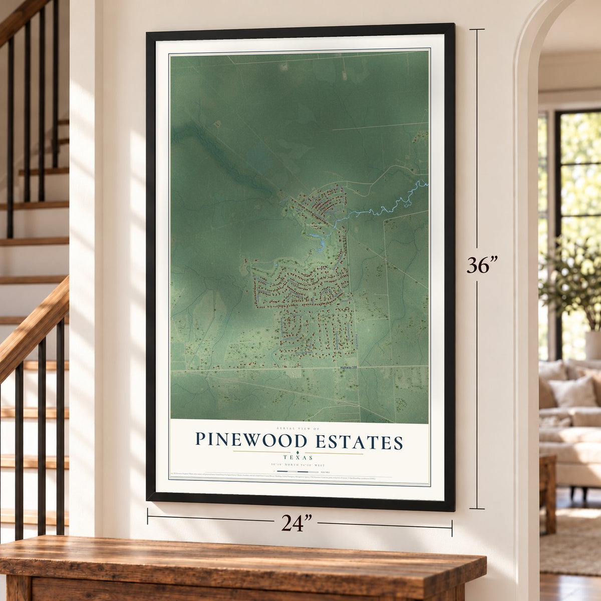 Pinewood Estates, Texas map, 24 x 36 inch print in a black frame by a staircase