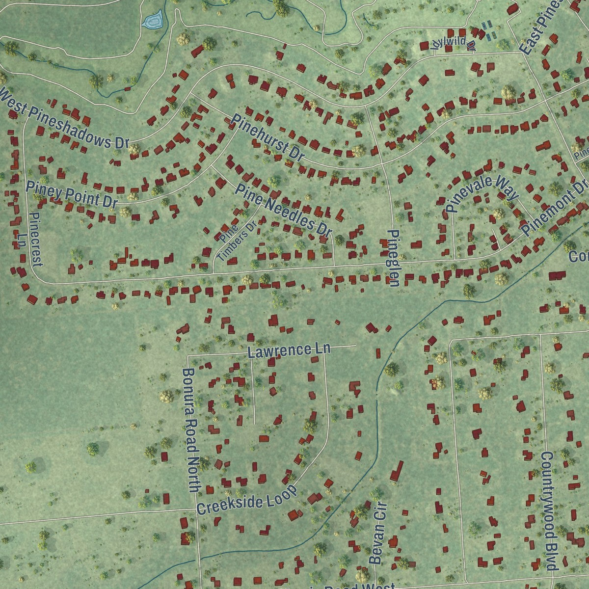 Close-up of the map of Pinewood Estates, Texas print showing street and building detail