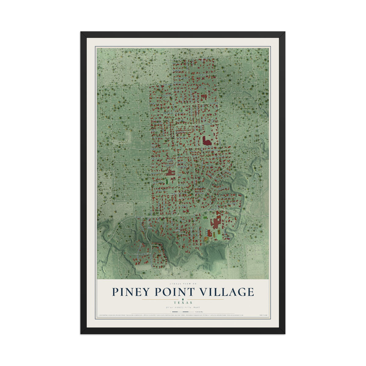Map of Piney Point Village, Texas, 12 x 18 inch print in a black wood frame