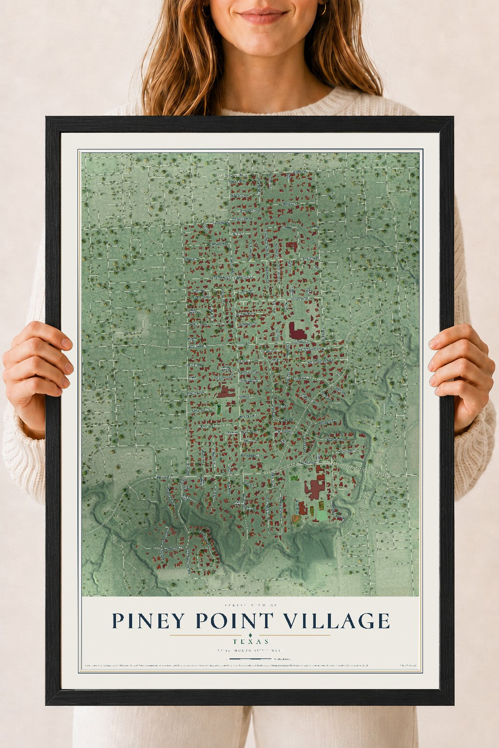 Map of Piney Point Village, Texas, 18 x 24 inch print in a black wood frame