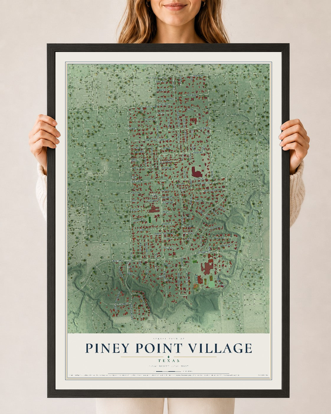 Map of Piney Point Village, Texas, 24 x 36 inch print in a black wood frame