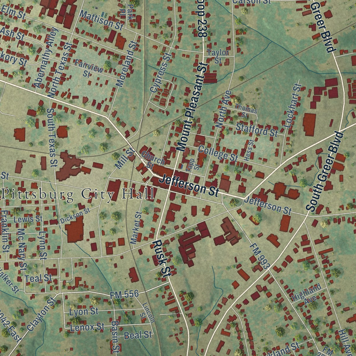 Close-up of the map of Pittsburg, Texas print showing street and building detail