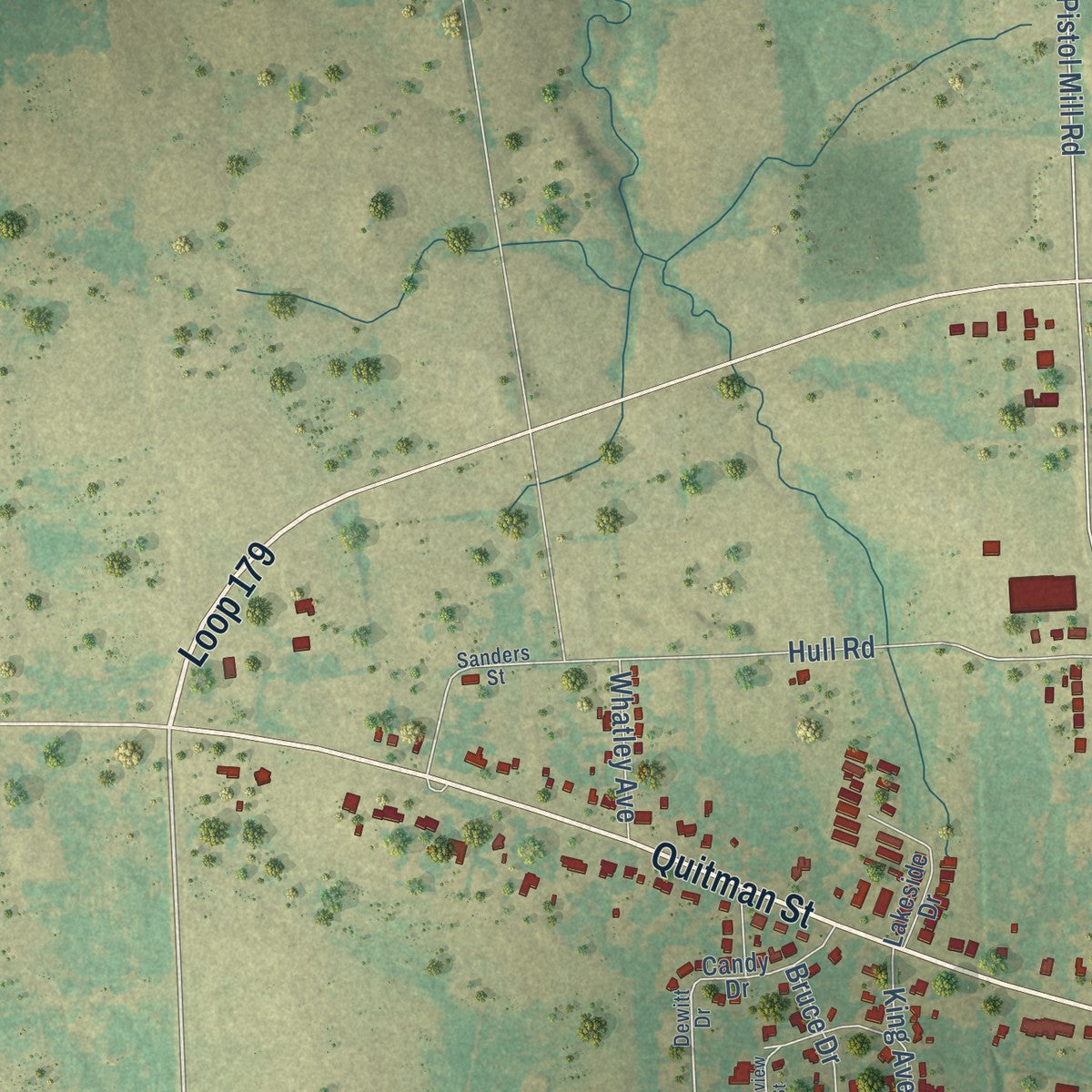 Second close-up of the map of Pittsburg, Texas print showing more streets and buildings