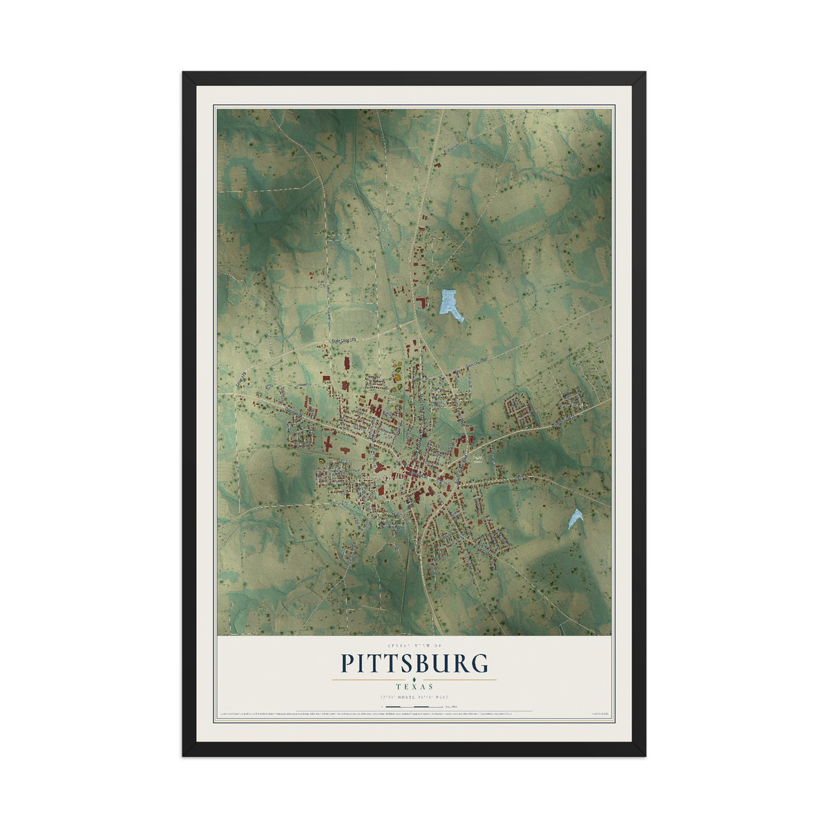Map of Pittsburg, Texas, 12 x 18 inch print in a black wood frame