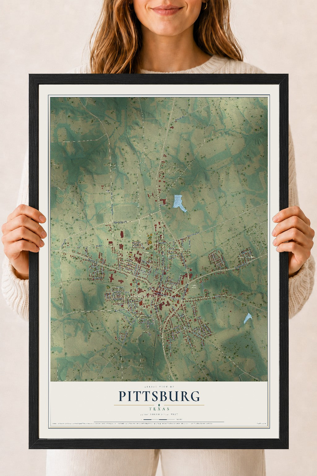 Map of Pittsburg, Texas, 18 x 24 inch print in a black wood frame