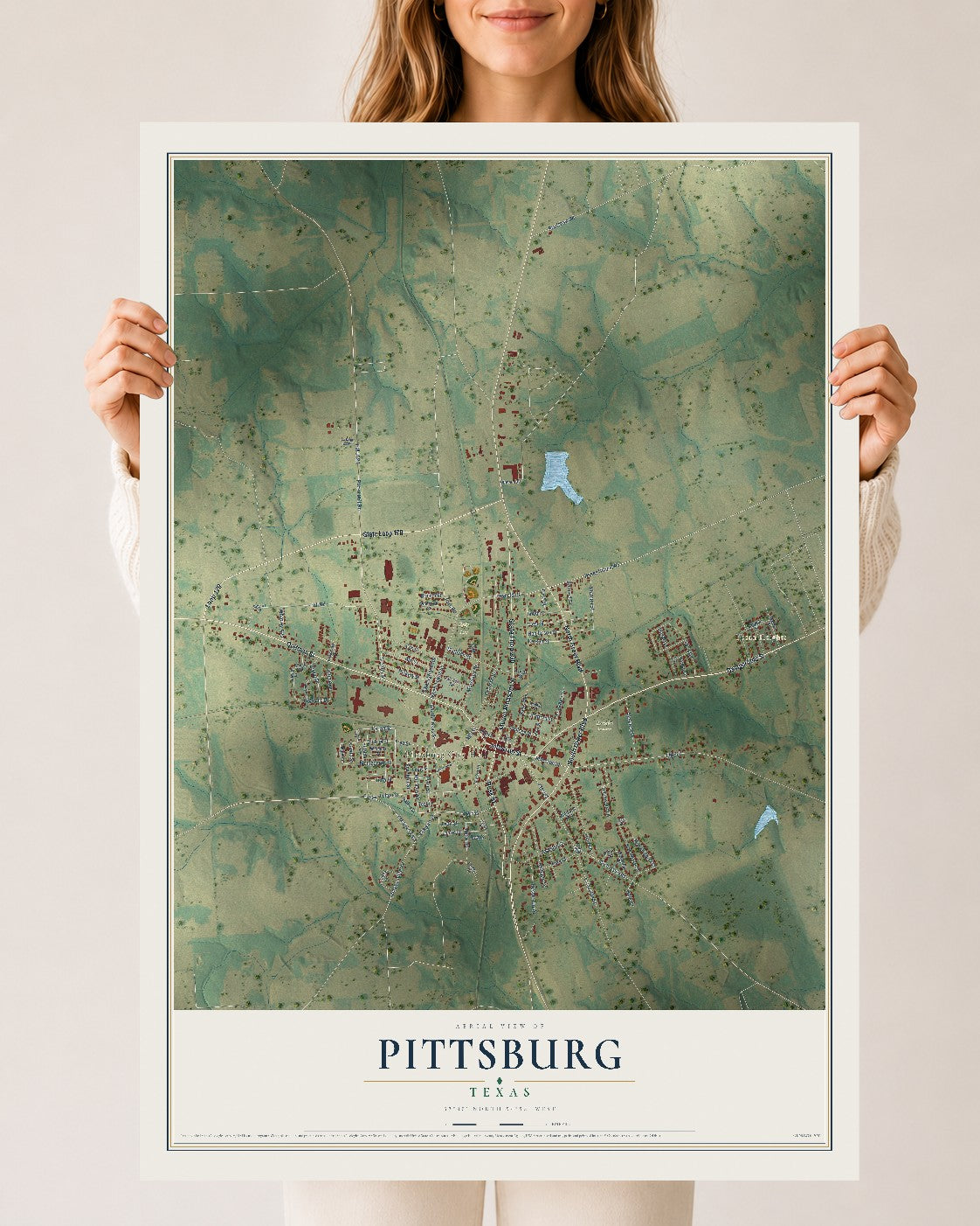 Map of Pittsburg, Texas, 24 x 36 inch unframed archival matte print