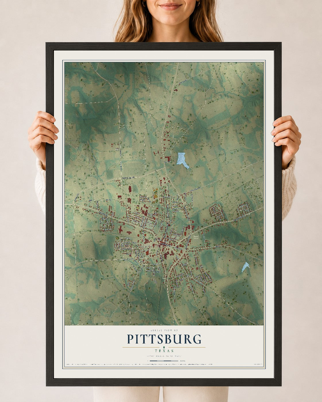 Map of Pittsburg, Texas, 24 x 36 inch print in a black wood frame