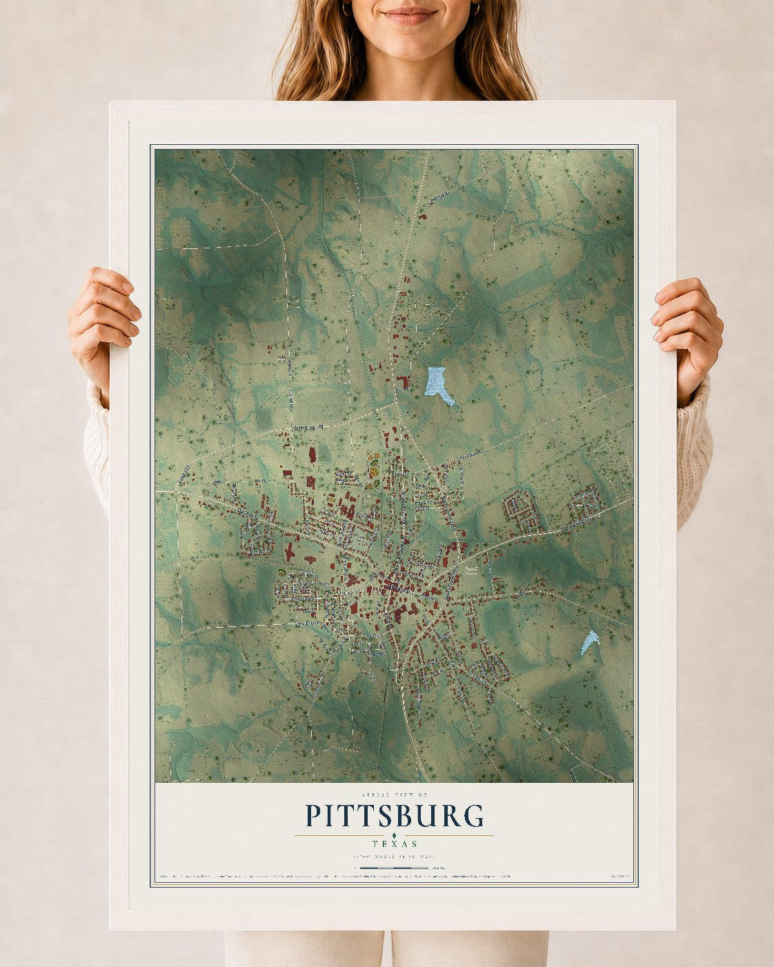Map of Pittsburg, Texas, 24 x 36 inch print in a white wood frame