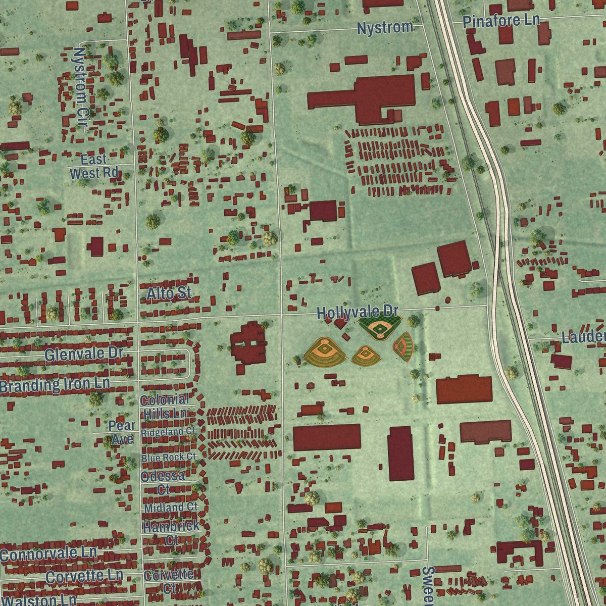 Close-up of the map of Aldine, Texas print showing street and building detail