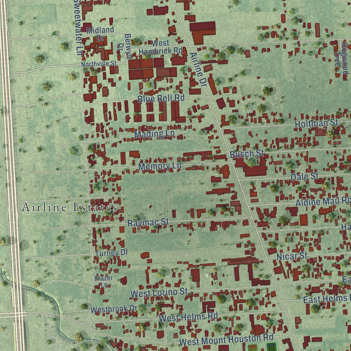 Second close-up of the map of Aldine, Texas print showing more streets and buildings