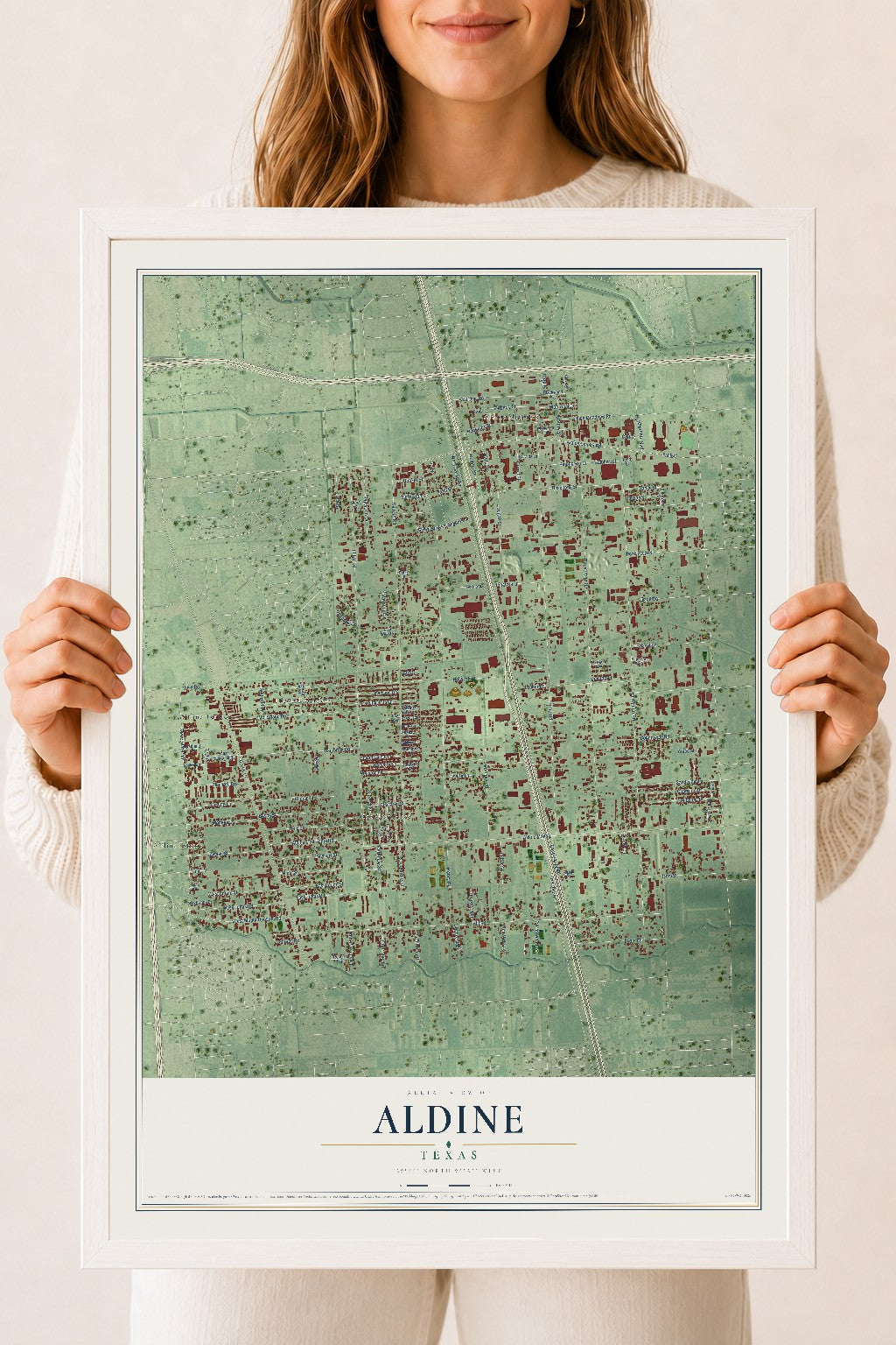 Map of Aldine, Texas, 18 x 24 inch print in a white wood frame