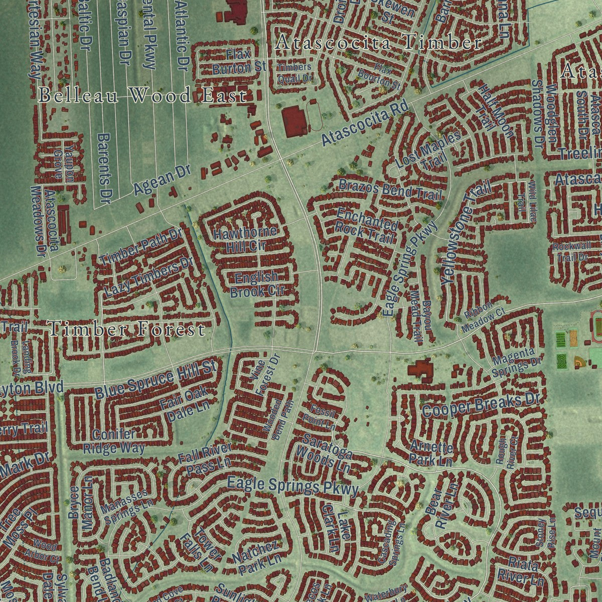 Close-up of the map of Atascocita, Texas print showing street and building detail
