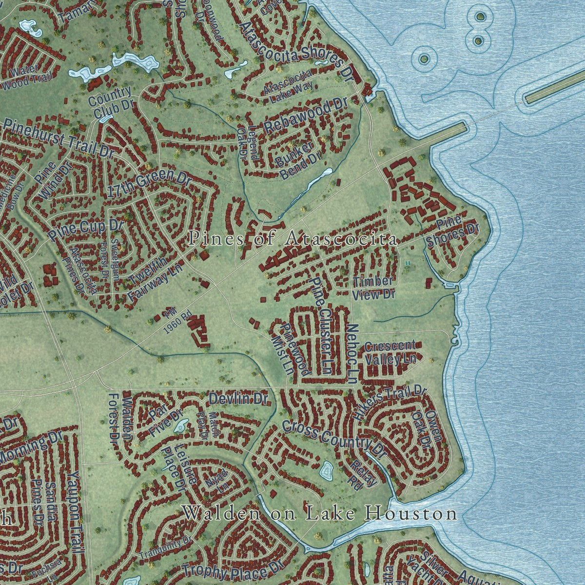Second close-up of the map of Atascocita, Texas print showing more streets and buildings
