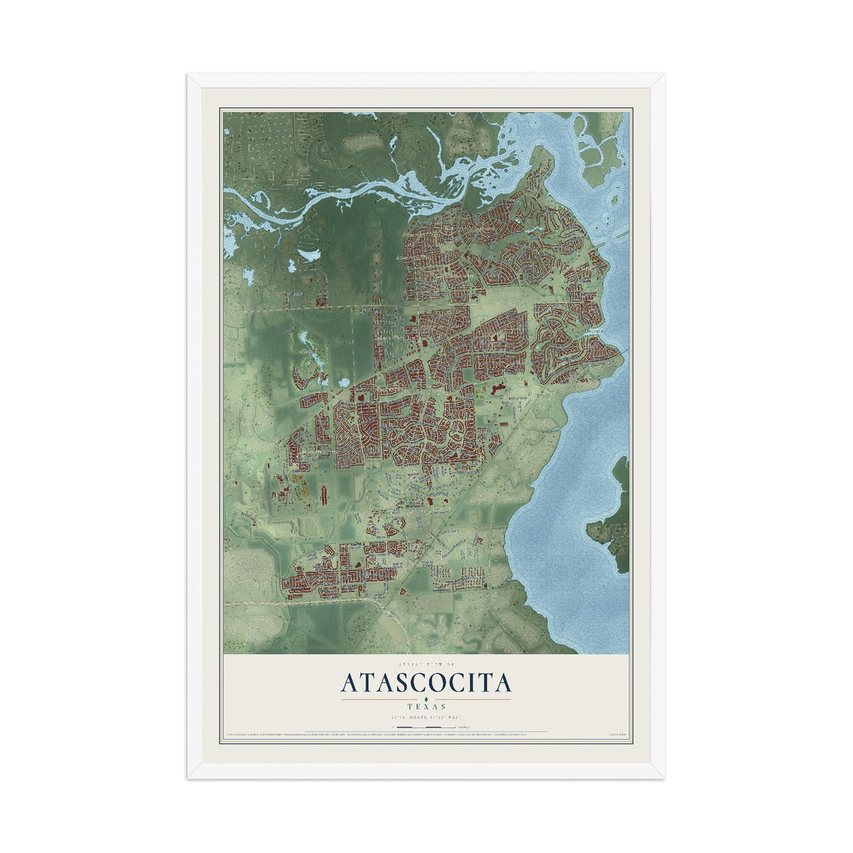 Map of Atascocita, Texas, 12 x 18 inch print in a white wood frame