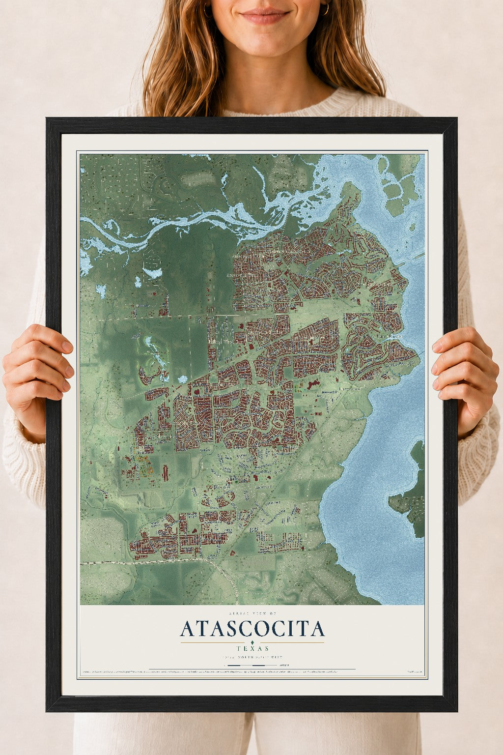 Map of Atascocita, Texas, 18 x 24 inch print in a black wood frame