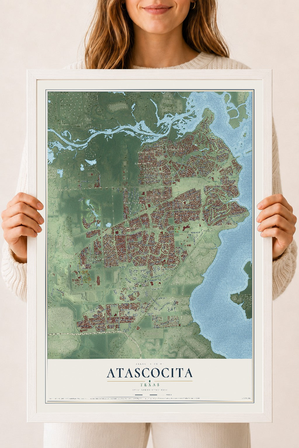 Map of Atascocita, Texas, 18 x 24 inch print in a white wood frame