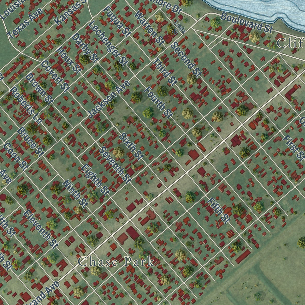 Close-up of the map of Bacliff, Texas print showing street and building detail