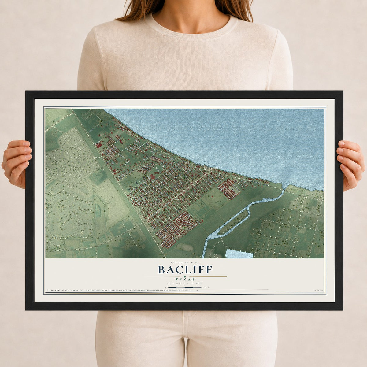 Map of Bacliff, Texas, 12 x 18 inch print in a black wood frame