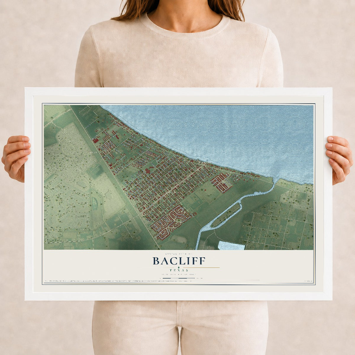 Map of Bacliff, Texas, 12 x 18 inch print in a white wood frame