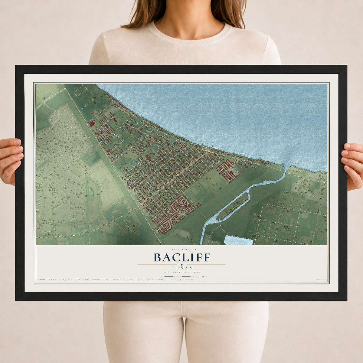 Map of Bacliff, Texas, 18 x 24 inch print in a black wood frame