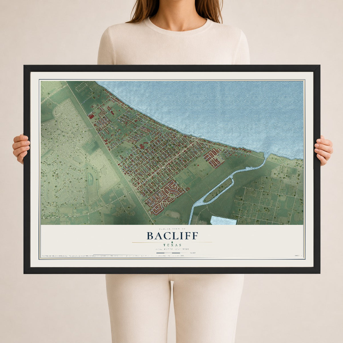 Map of Bacliff, Texas, 24 x 36 inch print in a black wood frame