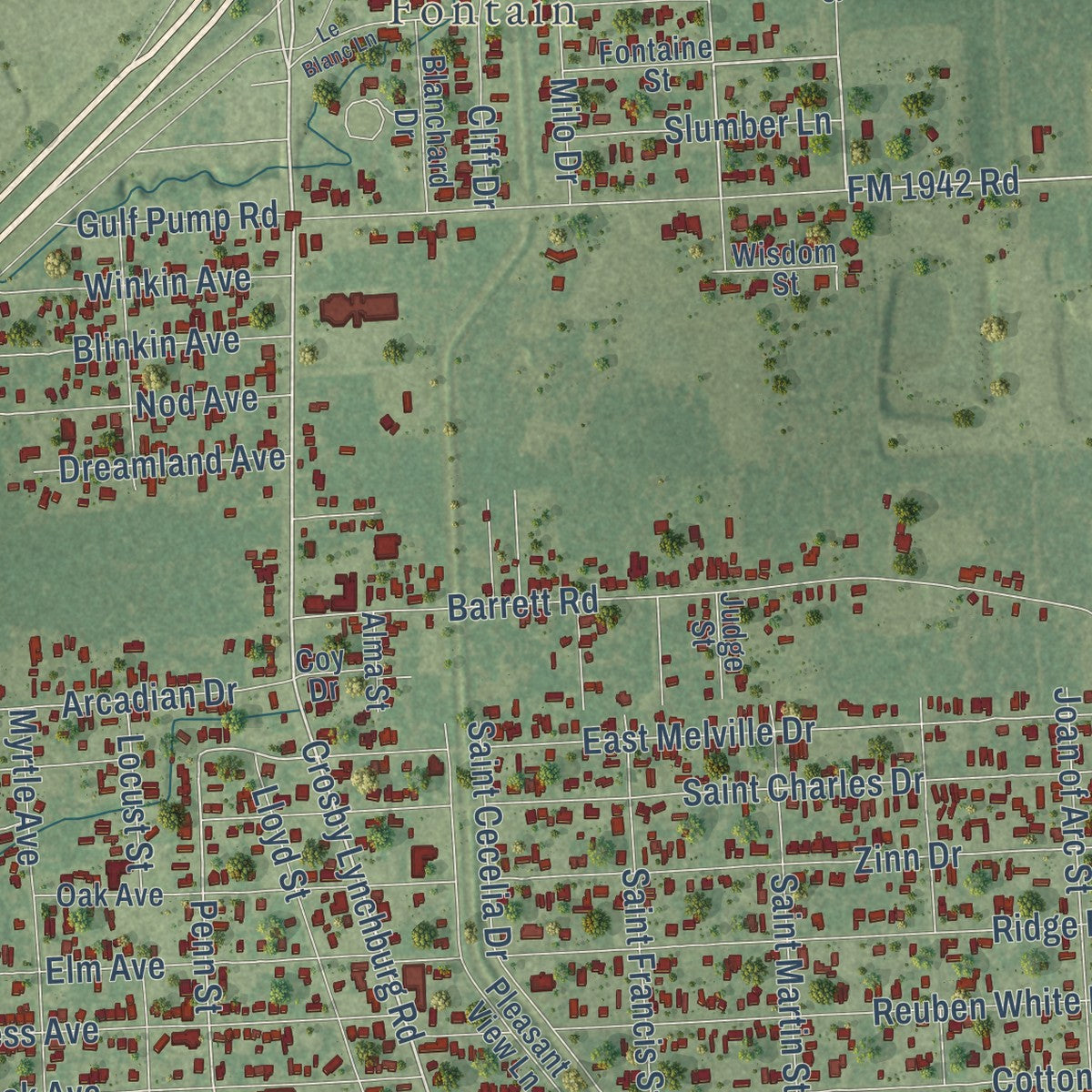 Close-up of the map of Barrett, Texas print showing street and building detail