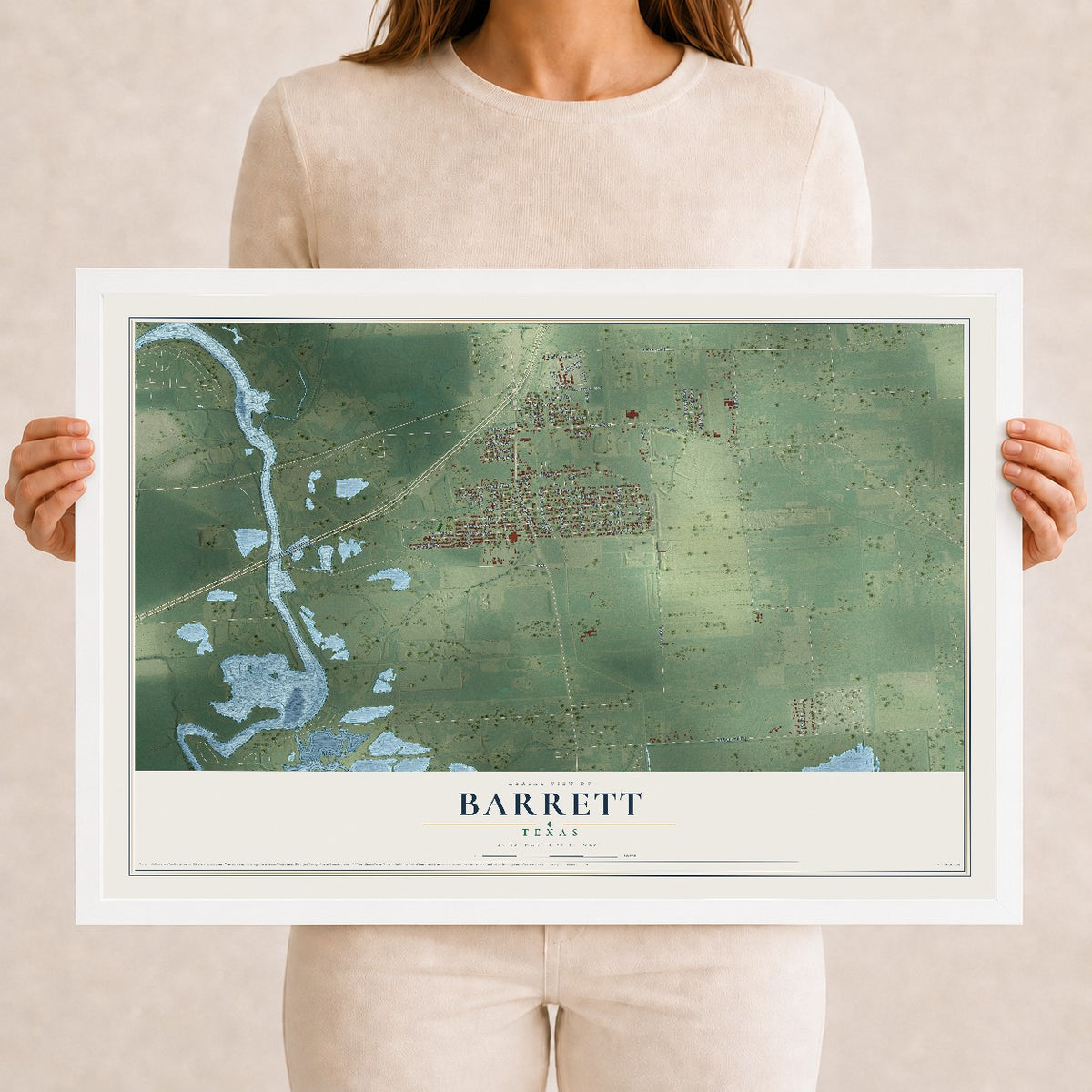 Map of Barrett, Texas, 12 x 18 inch print in a white wood frame
