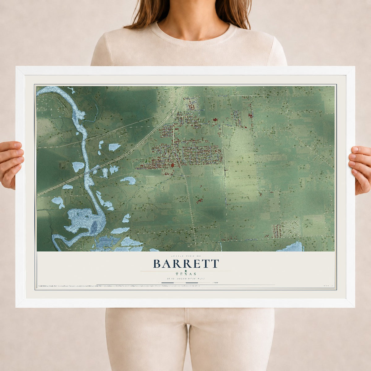 Map of Barrett, Texas, 18 x 24 inch print in a white wood frame