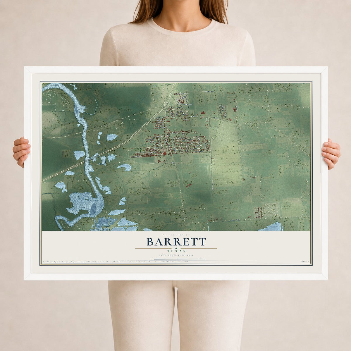 Map of Barrett, Texas, 24 x 36 inch print in a white wood frame