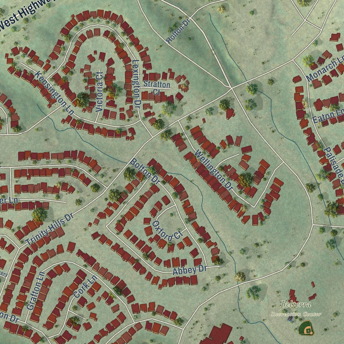 Close-up of the map of Belterra, Texas print showing street and building detail