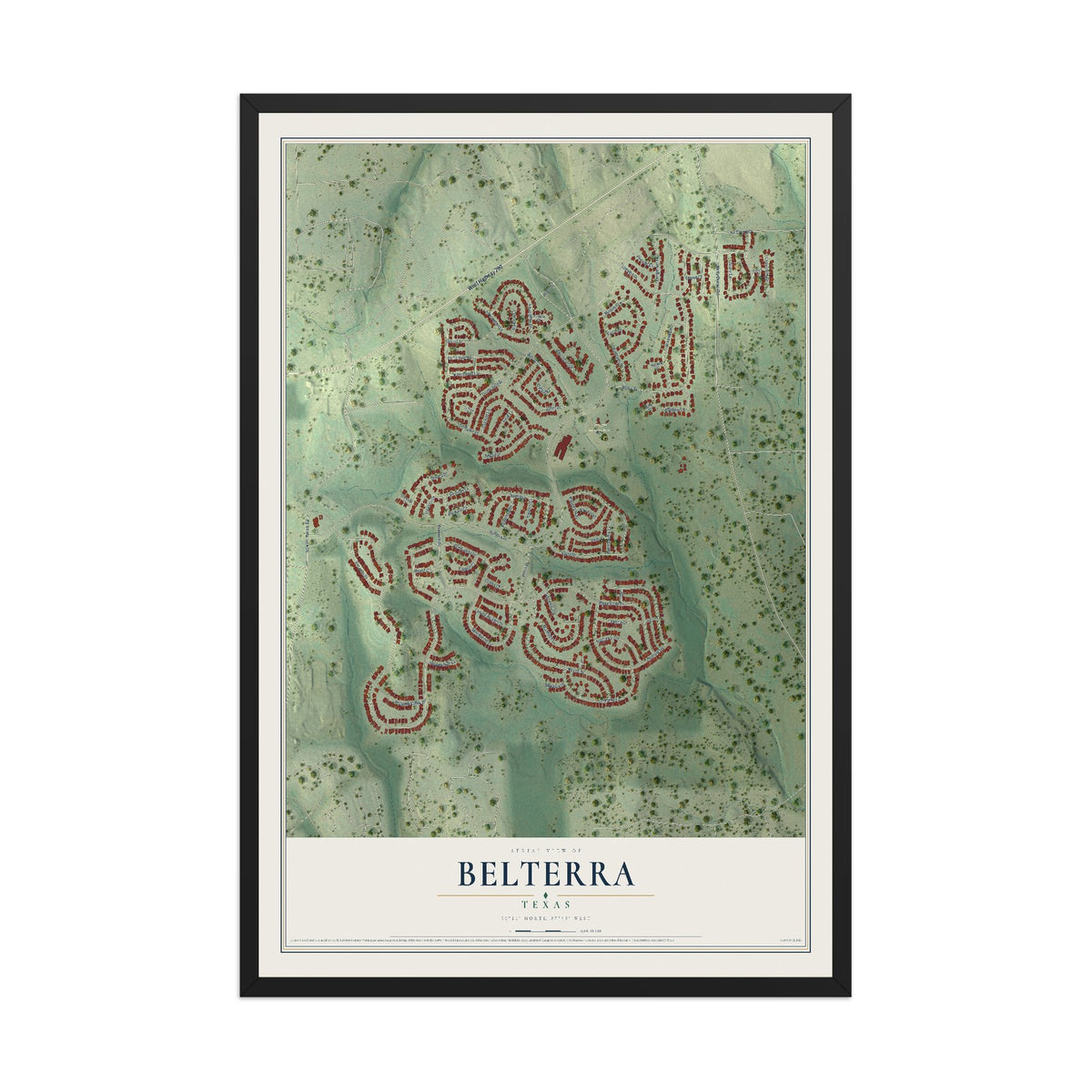Map of Belterra, Texas, 12 x 18 inch print in a black wood frame