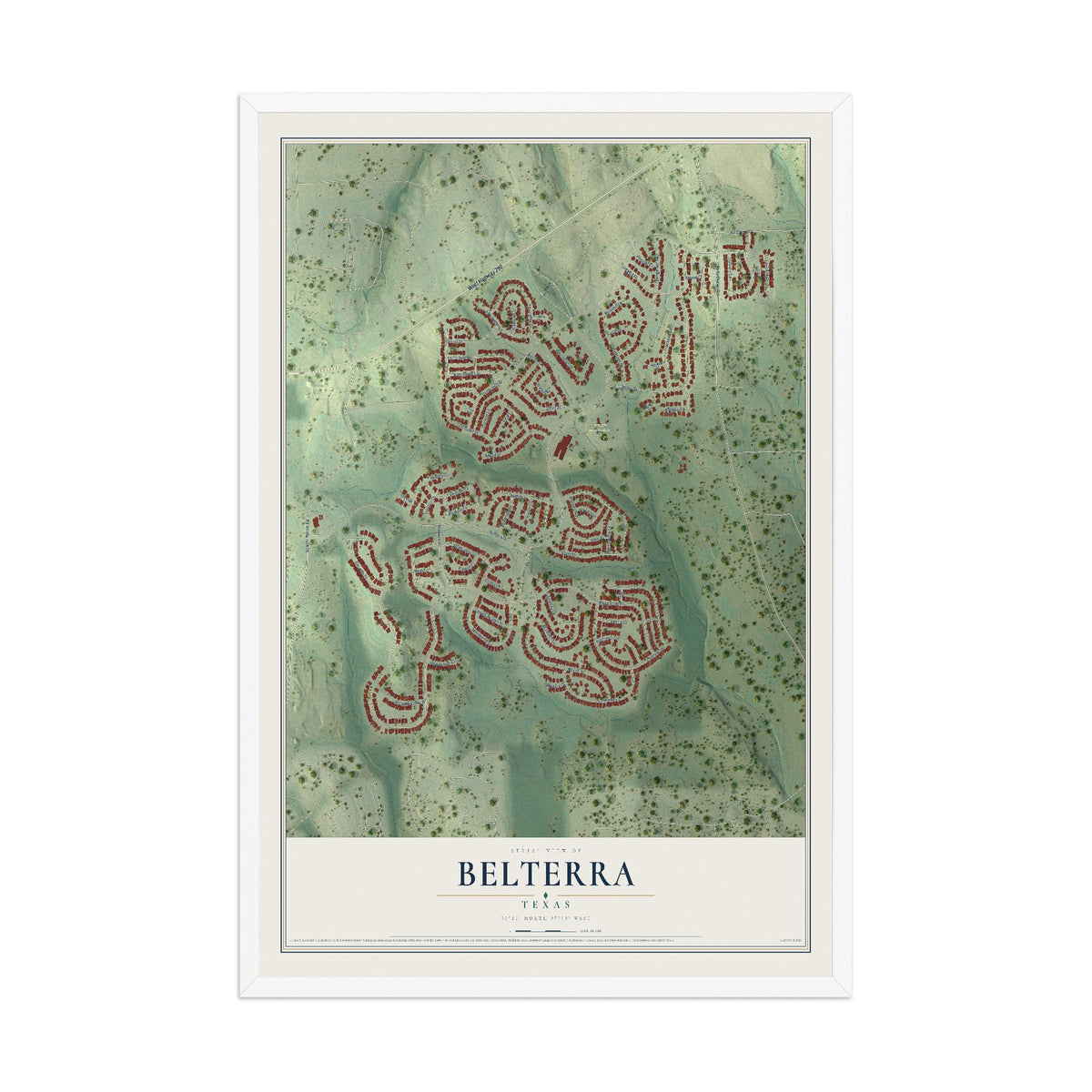 Map of Belterra, Texas, 12 x 18 inch print in a white wood frame