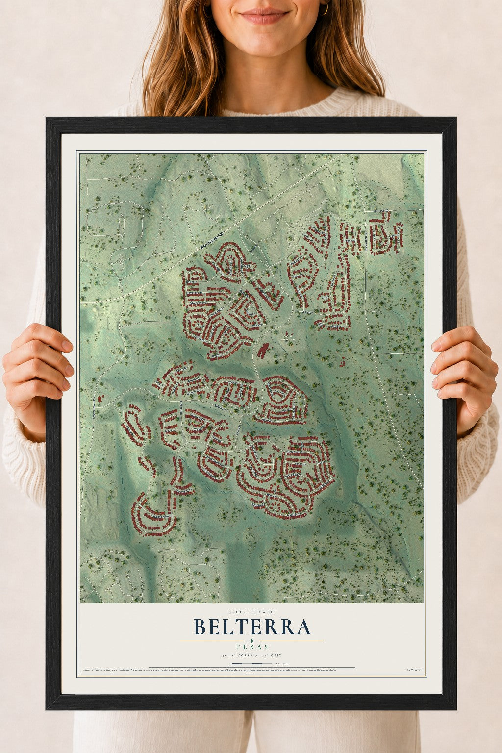 Map of Belterra, Texas, 18 x 24 inch print in a black wood frame